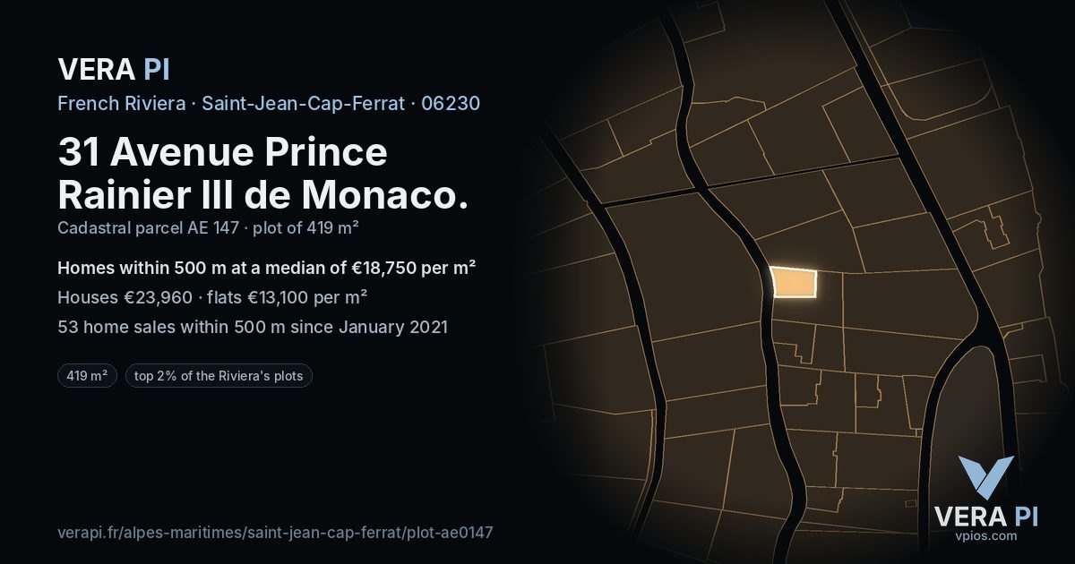 31 Avenue Prince Rainier III de Monaco, Saint-Jean-Cap-Ferrat at night – the plot lit, the parcels around coloured by the prices near them