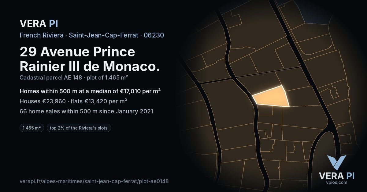 29 Avenue Prince Rainier III de Monaco, Saint-Jean-Cap-Ferrat at night – the plot lit, the parcels around coloured by the prices near them