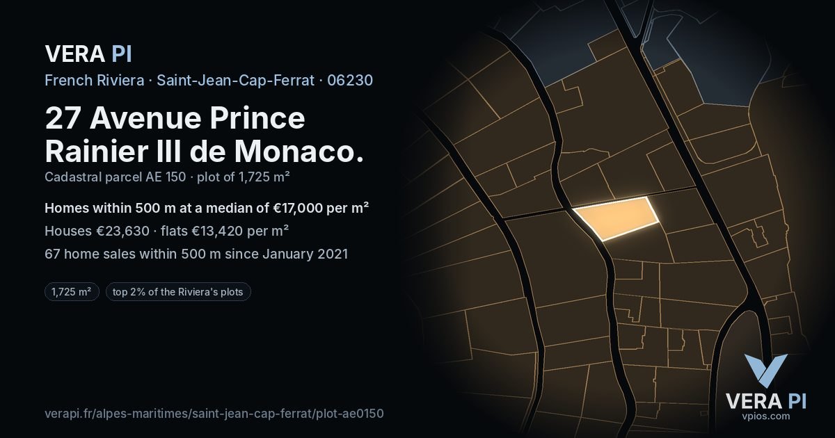 27 Avenue Prince Rainier III de Monaco, Saint-Jean-Cap-Ferrat at night – the plot lit, the parcels around coloured by the prices near them