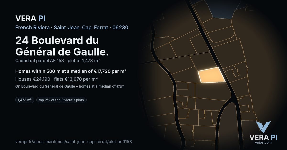 24 Boulevard du Général de Gaulle, Saint-Jean-Cap-Ferrat at night – the plot lit, the parcels around coloured by the prices near them