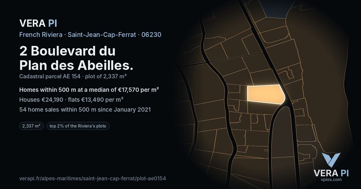 2 Boulevard du Plan des Abeilles, Saint-Jean-Cap-Ferrat at night – the plot lit, the parcels around coloured by the prices near them