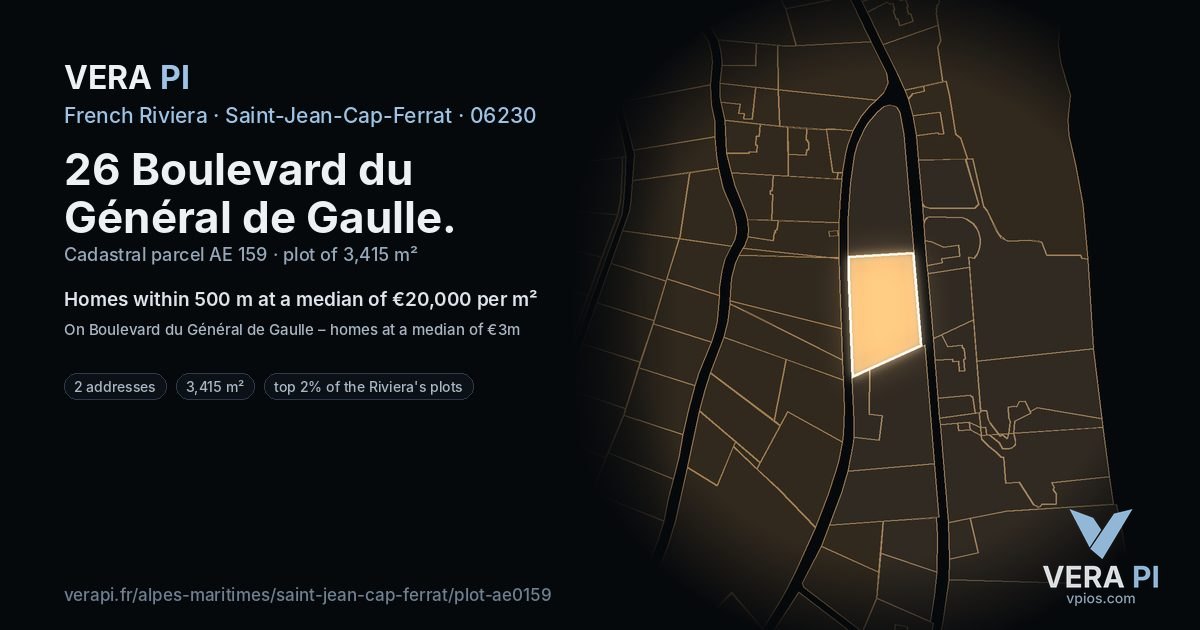 26 Boulevard du Général de Gaulle, Saint-Jean-Cap-Ferrat at night – the plot lit, the parcels around coloured by the prices near them