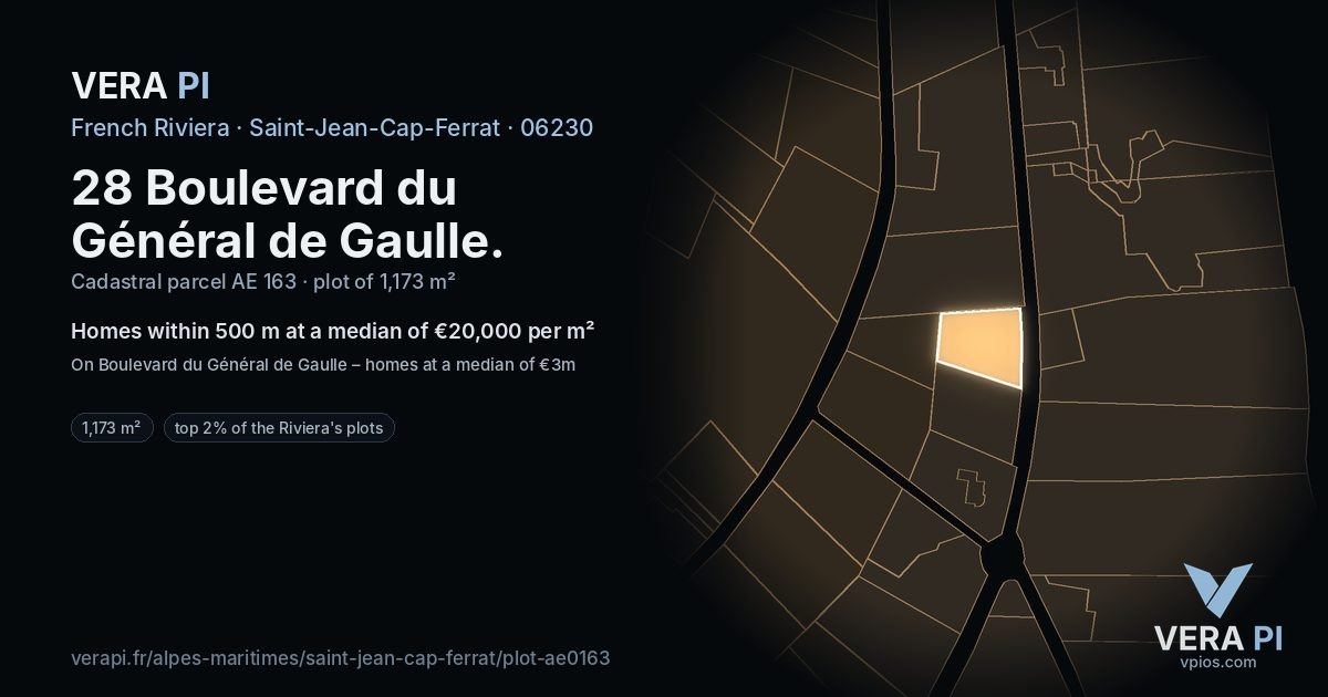 28 Boulevard du Général de Gaulle, Saint-Jean-Cap-Ferrat at night – the plot lit, the parcels around coloured by the prices near them