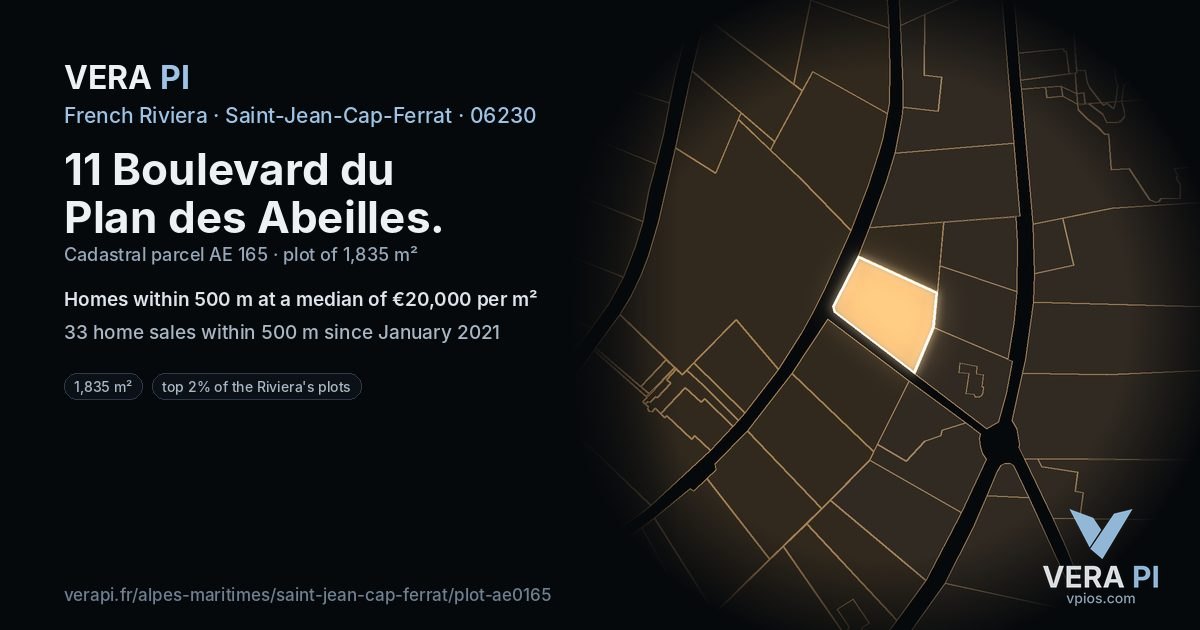 11 Boulevard du Plan des Abeilles, Saint-Jean-Cap-Ferrat at night – the plot lit, the parcels around coloured by the prices near them