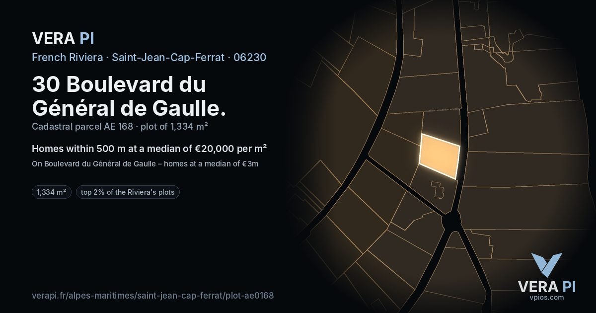 30 Boulevard du Général de Gaulle, Saint-Jean-Cap-Ferrat at night – the plot lit, the parcels around coloured by the prices near them