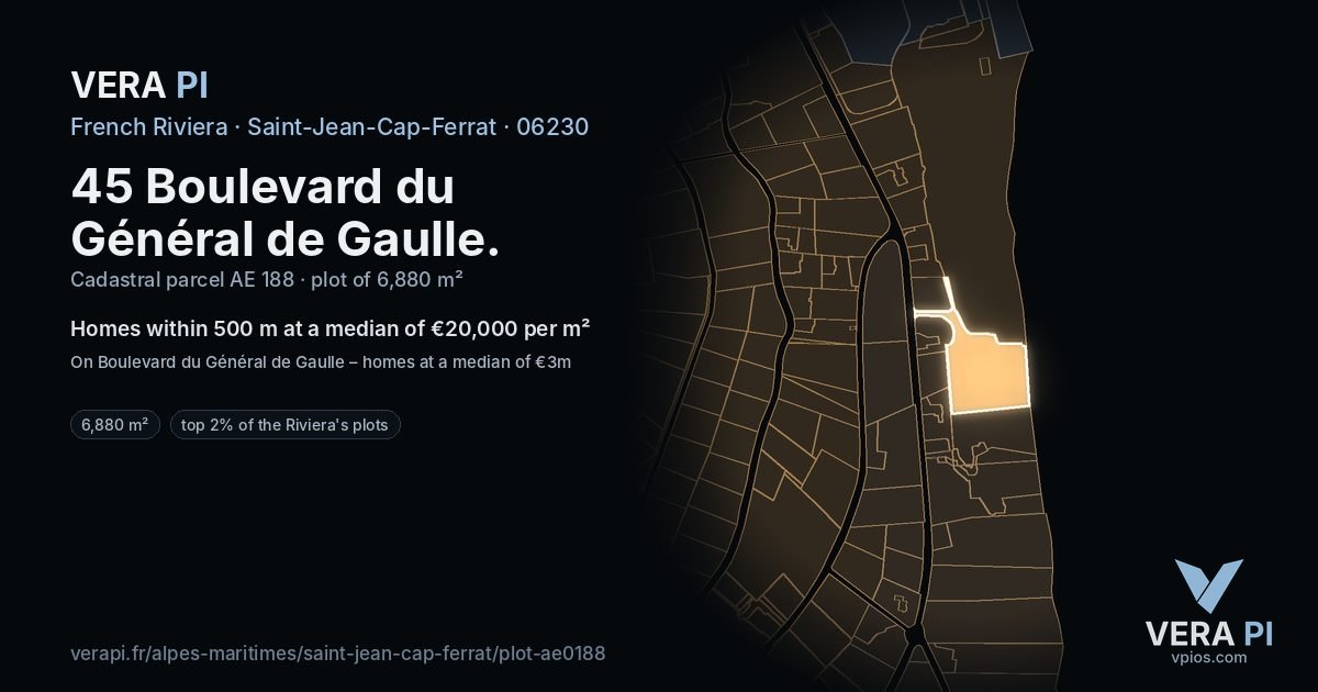 45 Boulevard du Général de Gaulle, Saint-Jean-Cap-Ferrat at night – the plot lit, the parcels around coloured by the prices near them