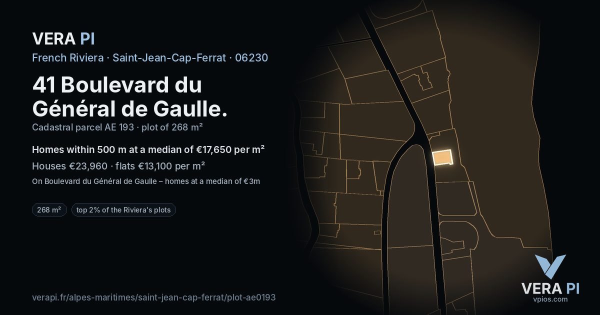 41 Boulevard du Général de Gaulle, Saint-Jean-Cap-Ferrat at night – the plot lit, the parcels around coloured by the prices near them