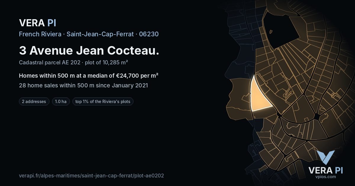 3 Avenue Jean Cocteau, Saint-Jean-Cap-Ferrat at night – the plot lit, the parcels around coloured by the prices near them