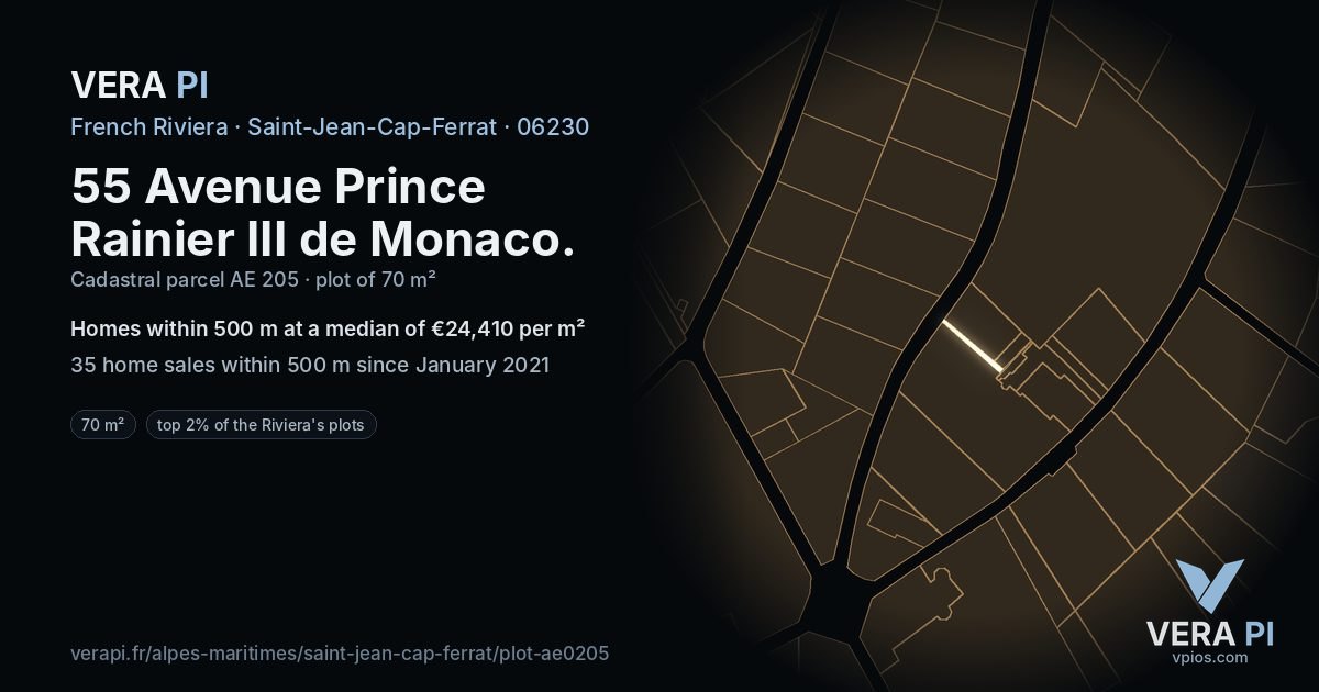 55 Avenue Prince Rainier III de Monaco, Saint-Jean-Cap-Ferrat at night – the plot lit, the parcels around coloured by the prices near them