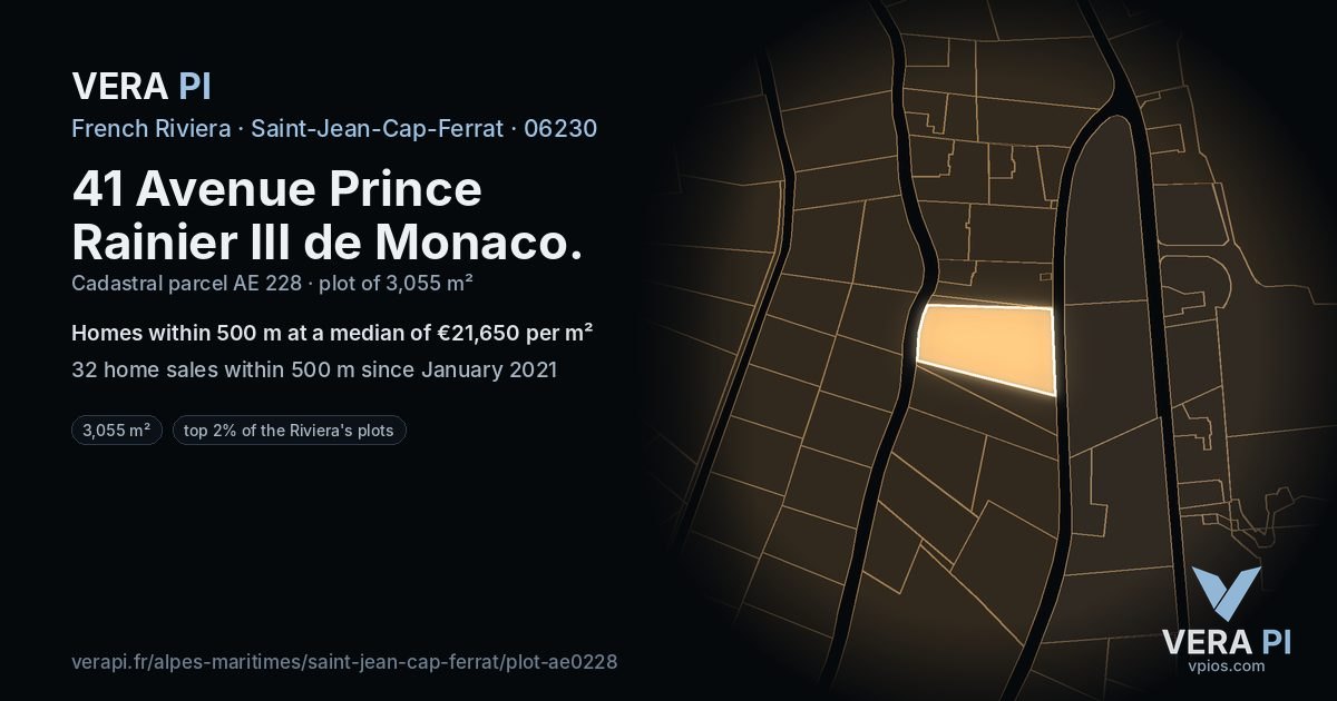 41 Avenue Prince Rainier III de Monaco, Saint-Jean-Cap-Ferrat at night – the plot lit, the parcels around coloured by the prices near them
