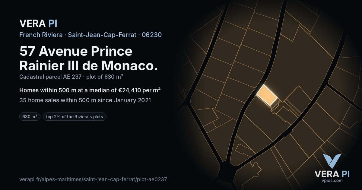 57 Avenue Prince Rainier III de Monaco, Saint-Jean-Cap-Ferrat at night – the plot lit, the parcels around coloured by the prices near them