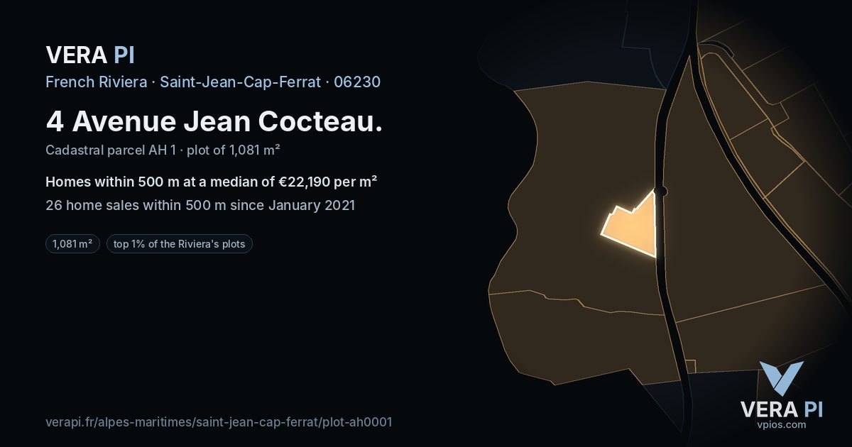 4 Avenue Jean Cocteau, Saint-Jean-Cap-Ferrat at night – the plot lit, the parcels around coloured by the prices near them