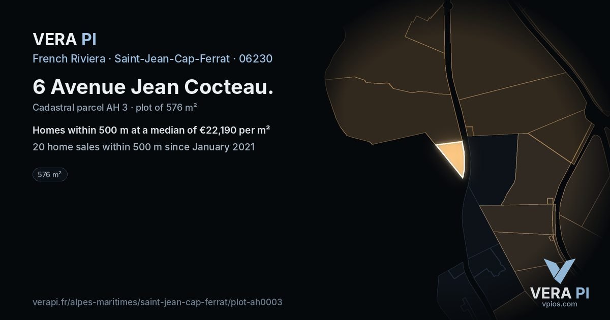 6 Avenue Jean Cocteau, Saint-Jean-Cap-Ferrat at night – the plot lit, the parcels around coloured by the prices near them