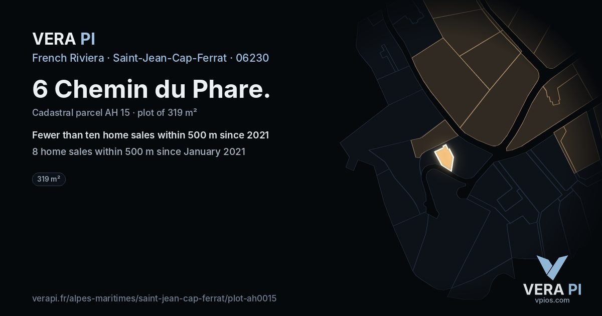 6 Chemin du Phare, Saint-Jean-Cap-Ferrat at night – the plot lit, the parcels around coloured by the prices near them