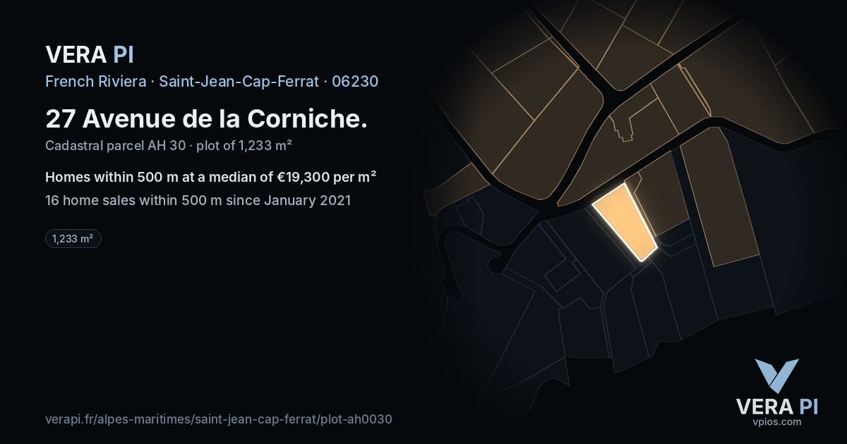 27 Avenue de la Corniche, Saint-Jean-Cap-Ferrat at night – the plot lit, the parcels around coloured by the prices near them
