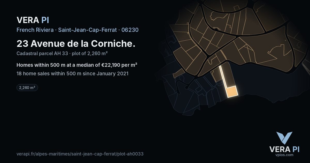 23 Avenue de la Corniche, Saint-Jean-Cap-Ferrat at night – the plot lit, the parcels around coloured by the prices near them