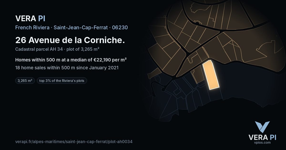 26 Avenue de la Corniche, Saint-Jean-Cap-Ferrat at night – the plot lit, the parcels around coloured by the prices near them