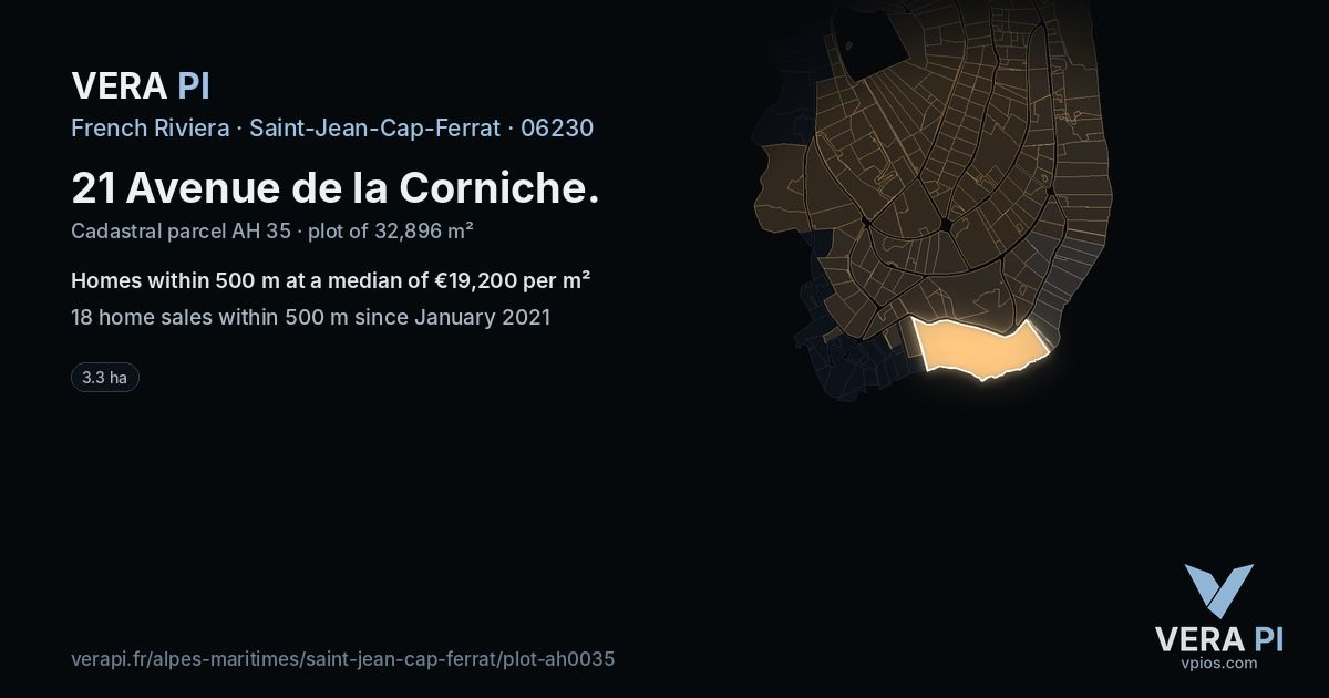 21 Avenue de la Corniche, Saint-Jean-Cap-Ferrat at night – the plot lit, the parcels around coloured by the prices near them