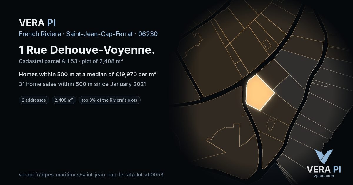 1 Rue Dehouve-Voyenne, Saint-Jean-Cap-Ferrat at night – the plot lit, the parcels around coloured by the prices near them