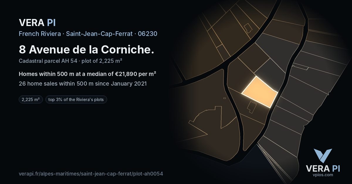 8 Avenue de la Corniche, Saint-Jean-Cap-Ferrat at night – the plot lit, the parcels around coloured by the prices near them