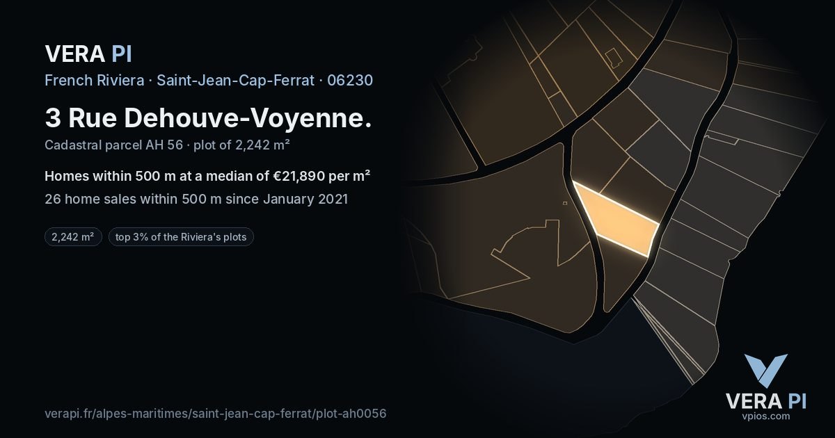 3 Rue Dehouve-Voyenne, Saint-Jean-Cap-Ferrat at night – the plot lit, the parcels around coloured by the prices near them