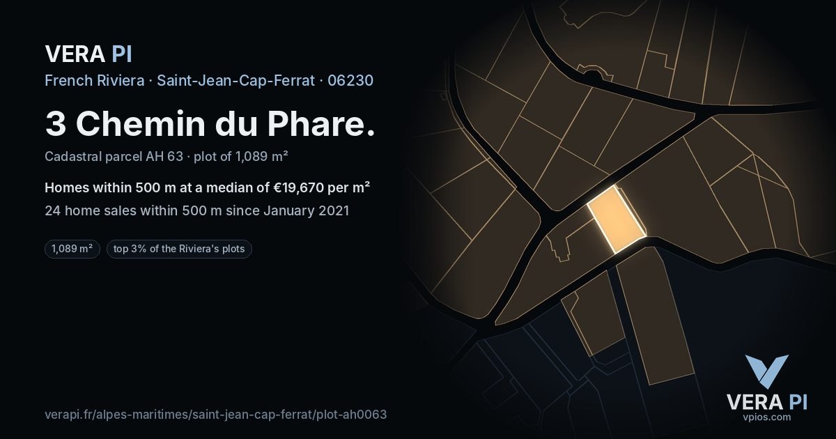 3 Chemin du Phare, Saint-Jean-Cap-Ferrat at night – the plot lit, the parcels around coloured by the prices near them