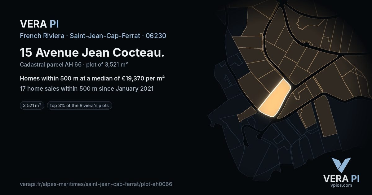 15 Avenue Jean Cocteau, Saint-Jean-Cap-Ferrat at night – the plot lit, the parcels around coloured by the prices near them