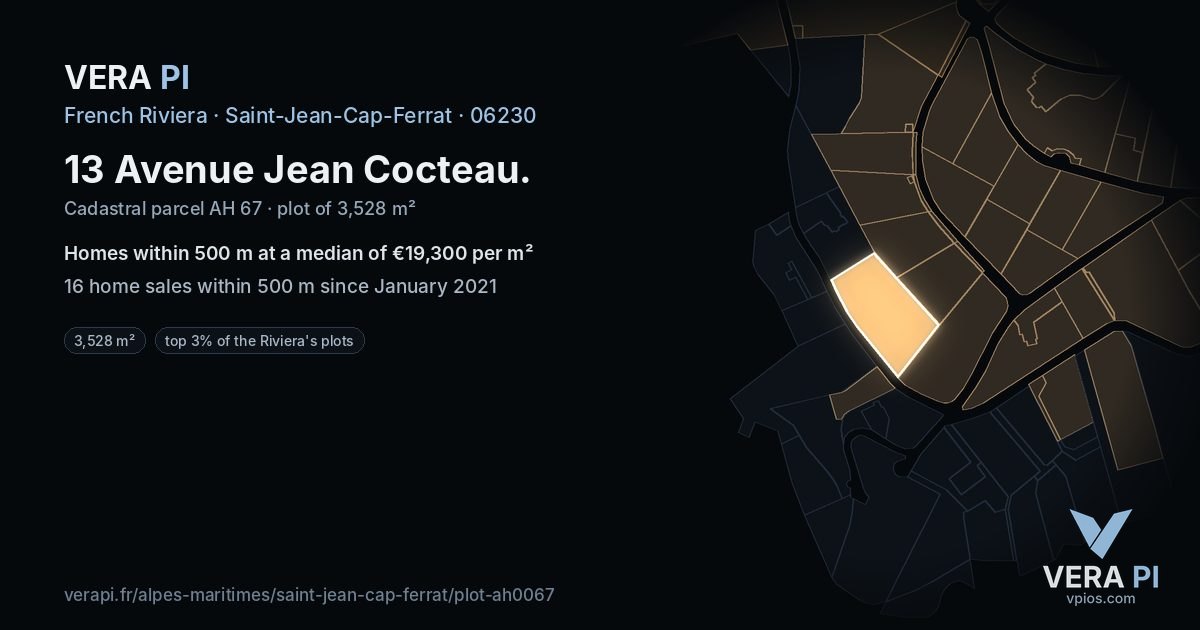 13 Avenue Jean Cocteau, Saint-Jean-Cap-Ferrat at night – the plot lit, the parcels around coloured by the prices near them