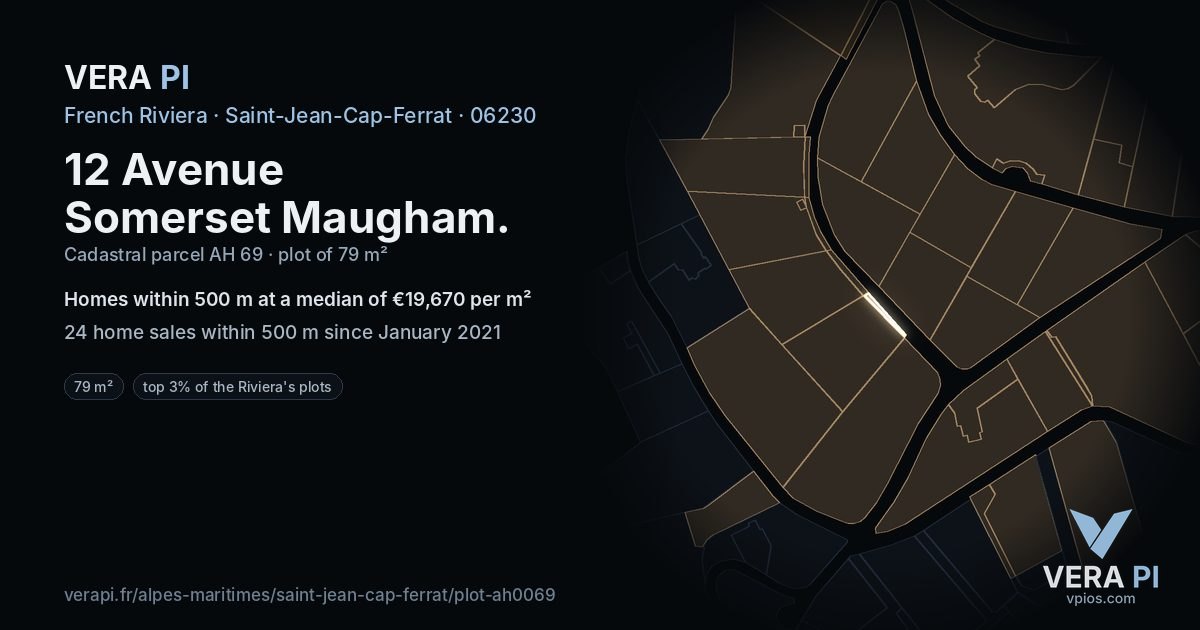12 Avenue Somerset Maugham, Saint-Jean-Cap-Ferrat at night – the plot lit, the parcels around coloured by the prices near them