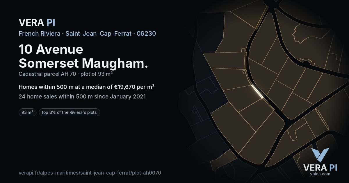 10 Avenue Somerset Maugham, Saint-Jean-Cap-Ferrat at night – the plot lit, the parcels around coloured by the prices near them