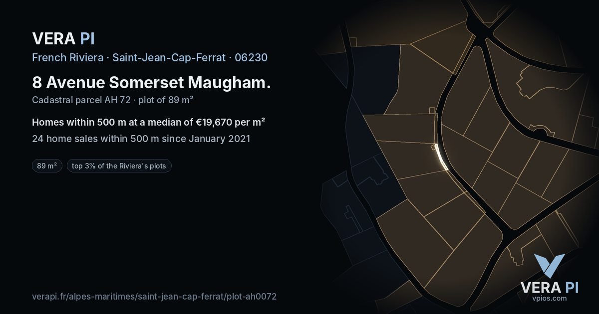 8 Avenue Somerset Maugham, Saint-Jean-Cap-Ferrat at night – the plot lit, the parcels around coloured by the prices near them