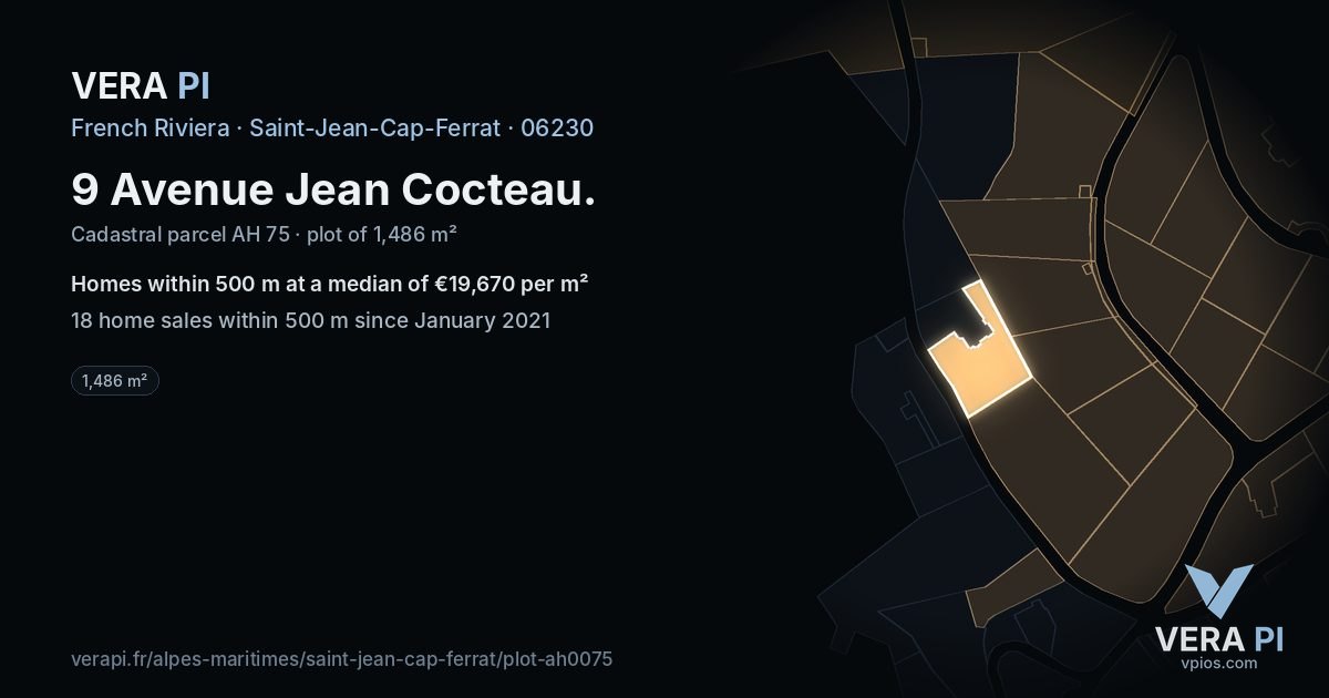 9 Avenue Jean Cocteau, Saint-Jean-Cap-Ferrat at night – the plot lit, the parcels around coloured by the prices near them