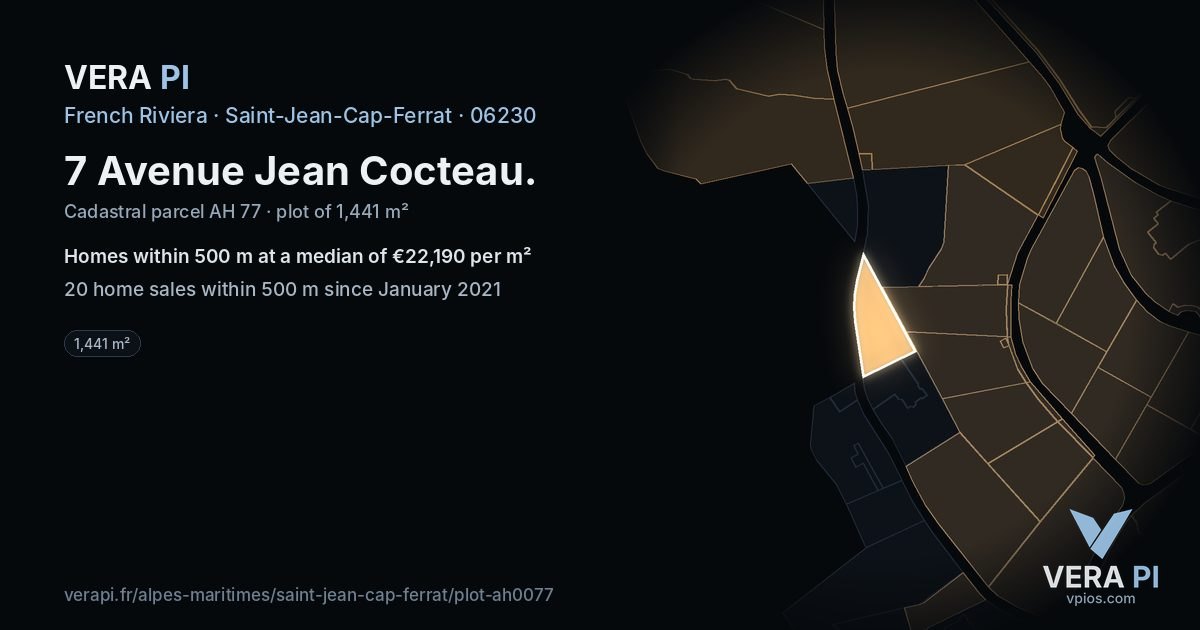 7 Avenue Jean Cocteau, Saint-Jean-Cap-Ferrat at night – the plot lit, the parcels around coloured by the prices near them