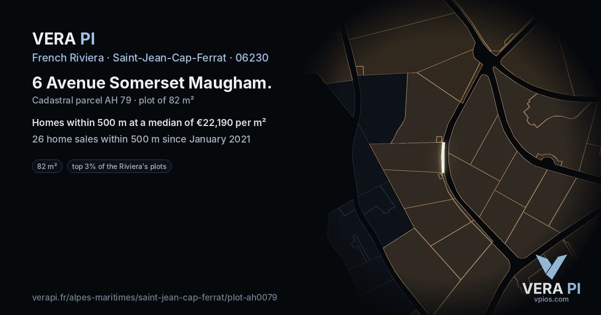 6 Avenue Somerset Maugham, Saint-Jean-Cap-Ferrat at night – the plot lit, the parcels around coloured by the prices near them