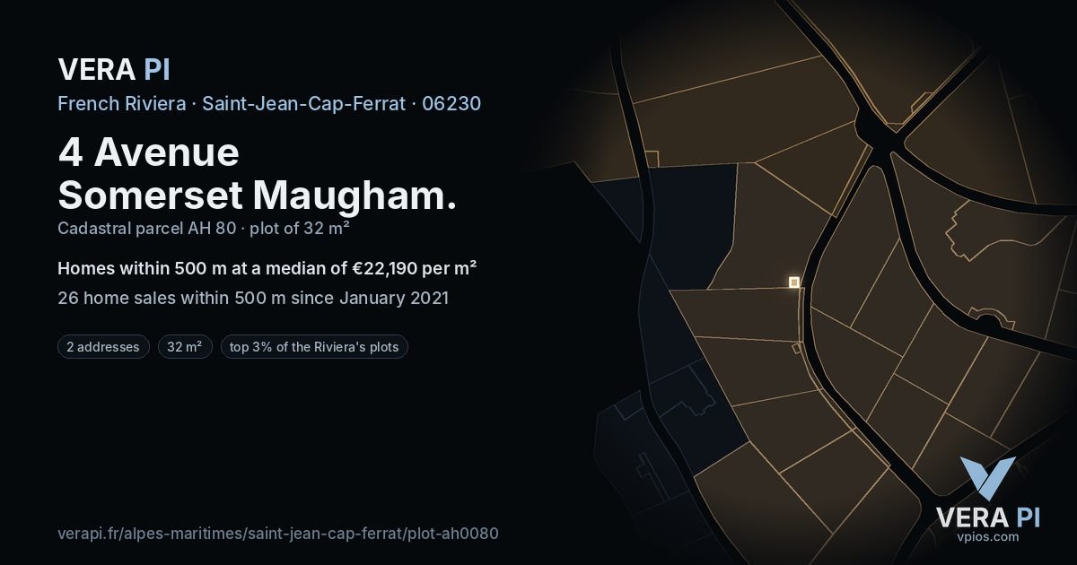 4 Avenue Somerset Maugham, Saint-Jean-Cap-Ferrat at night – the plot lit, the parcels around coloured by the prices near them