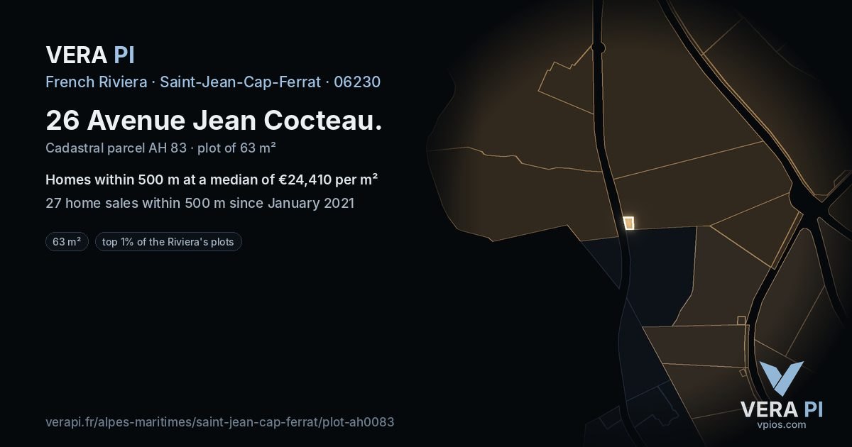 26 Avenue Jean Cocteau, Saint-Jean-Cap-Ferrat at night – the plot lit, the parcels around coloured by the prices near them