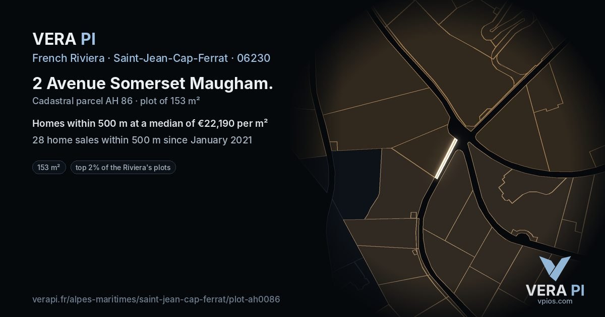 2 Avenue Somerset Maugham, Saint-Jean-Cap-Ferrat at night – the plot lit, the parcels around coloured by the prices near them