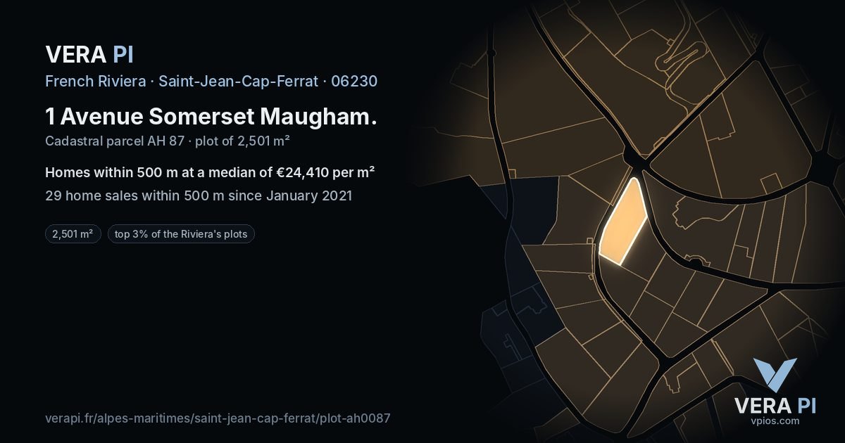 1 Avenue Somerset Maugham, Saint-Jean-Cap-Ferrat at night – the plot lit, the parcels around coloured by the prices near them