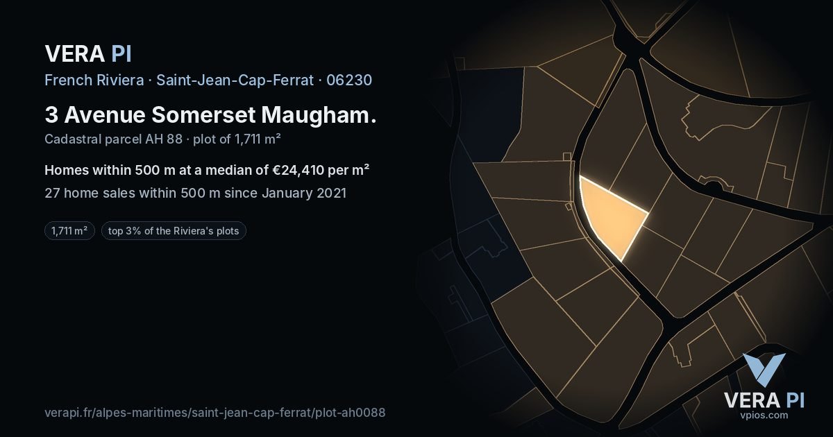3 Avenue Somerset Maugham, Saint-Jean-Cap-Ferrat at night – the plot lit, the parcels around coloured by the prices near them