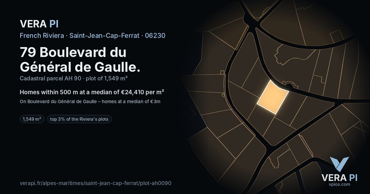 79 Boulevard du Général de Gaulle, Saint-Jean-Cap-Ferrat at night – the plot lit, the parcels around coloured by the prices near them