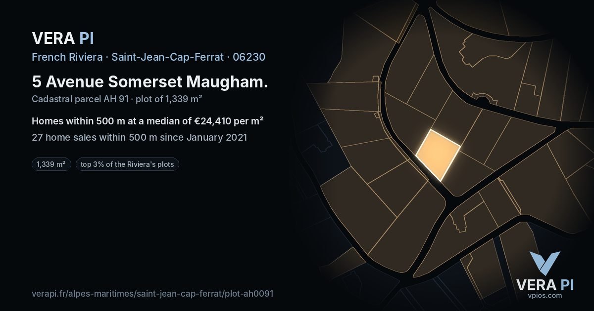 5 Avenue Somerset Maugham, Saint-Jean-Cap-Ferrat at night – the plot lit, the parcels around coloured by the prices near them