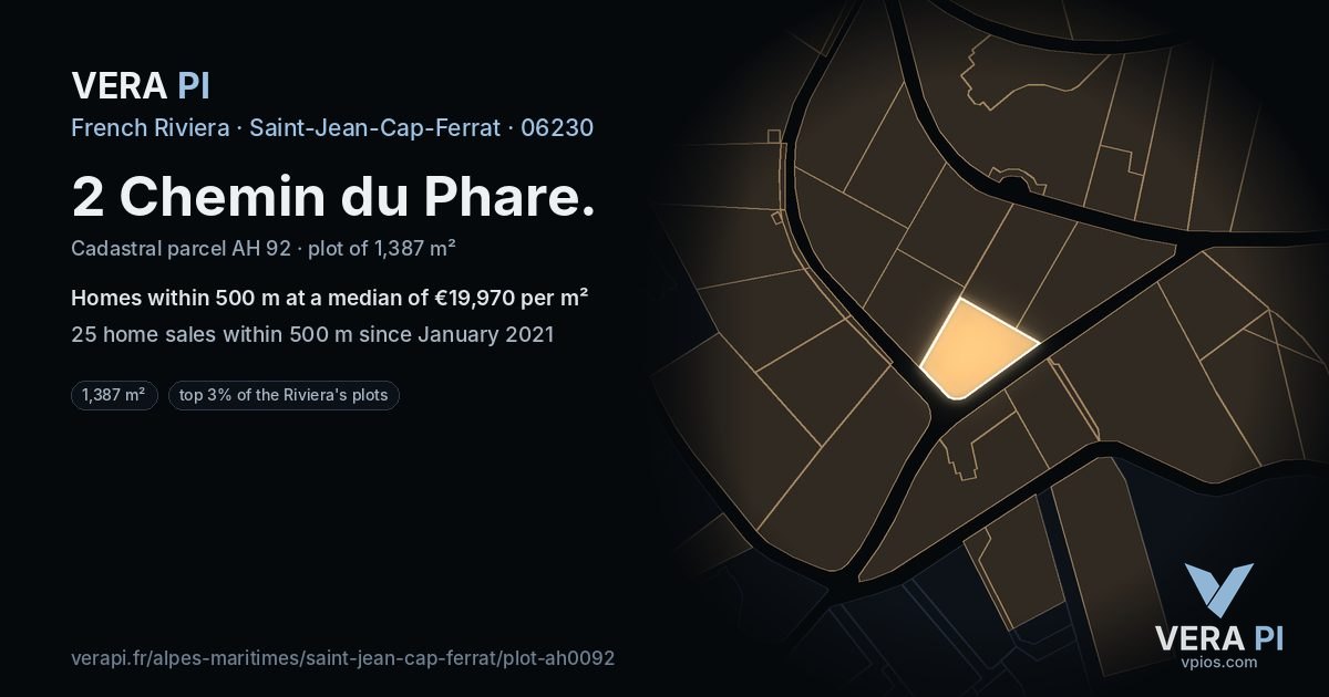 2 Chemin du Phare, Saint-Jean-Cap-Ferrat at night – the plot lit, the parcels around coloured by the prices near them