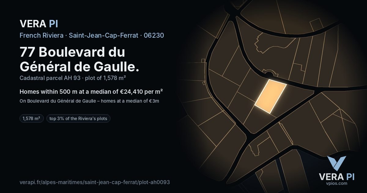 77 Boulevard du Général de Gaulle, Saint-Jean-Cap-Ferrat at night – the plot lit, the parcels around coloured by the prices near them