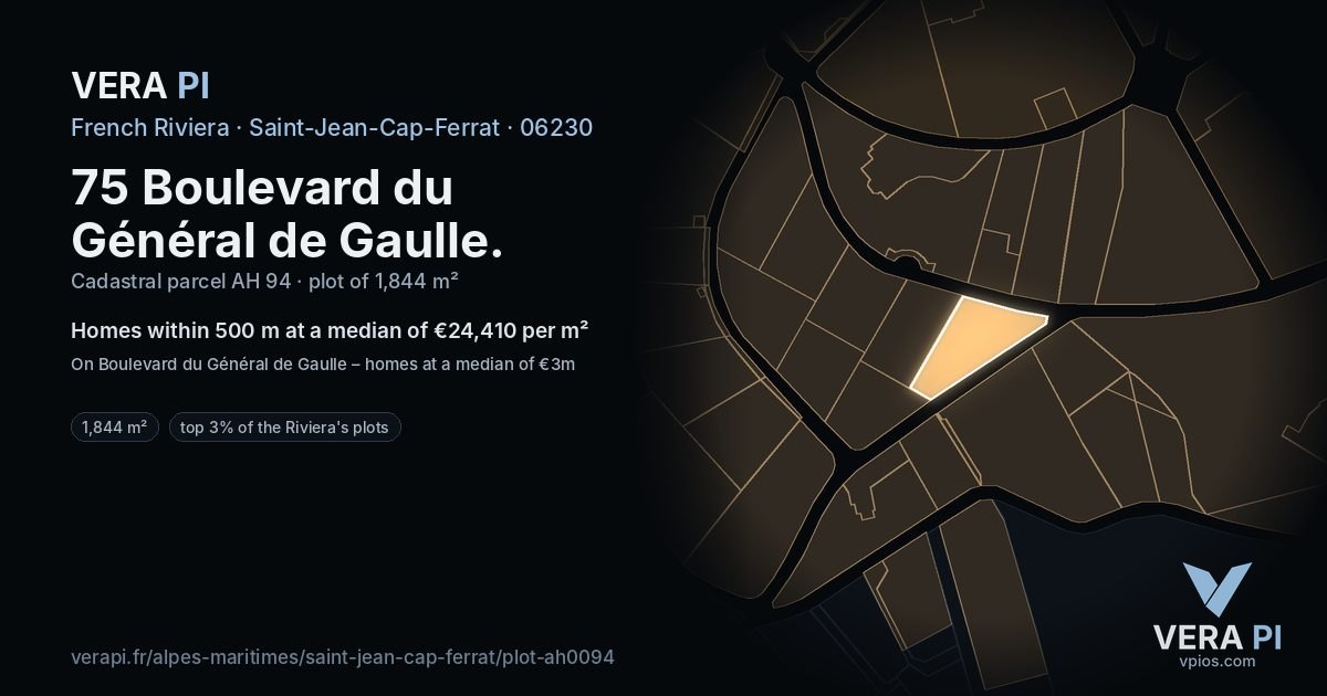 75 Boulevard du Général de Gaulle, Saint-Jean-Cap-Ferrat at night – the plot lit, the parcels around coloured by the prices near them