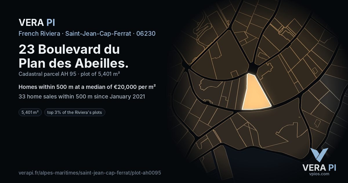 23 Boulevard du Plan des Abeilles, Saint-Jean-Cap-Ferrat at night – the plot lit, the parcels around coloured by the prices near them