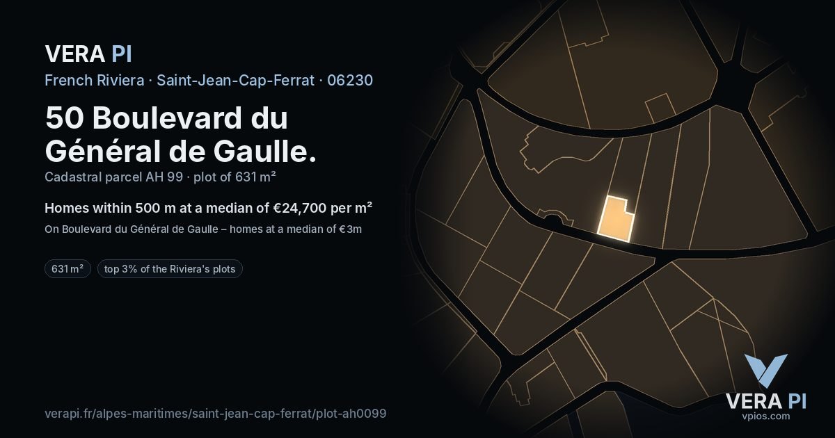 50 Boulevard du Général de Gaulle, Saint-Jean-Cap-Ferrat at night – the plot lit, the parcels around coloured by the prices near them