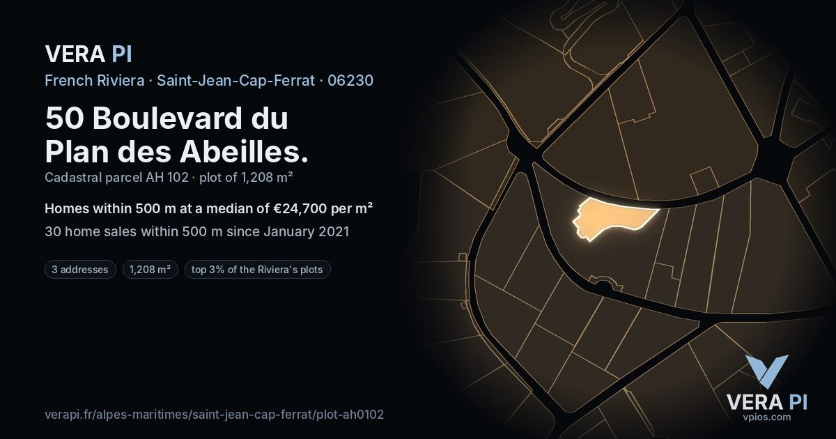 50 Boulevard du Plan des Abeilles, Saint-Jean-Cap-Ferrat at night – the plot lit, the parcels around coloured by the prices near them
