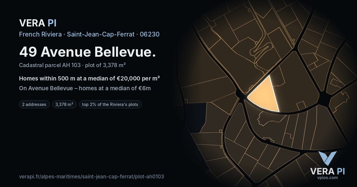 49 Avenue Bellevue, Saint-Jean-Cap-Ferrat at night – the plot lit, the parcels around coloured by the prices near them