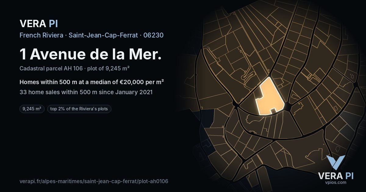 1 Avenue de la Mer, Saint-Jean-Cap-Ferrat at night – the plot lit, the parcels around coloured by the prices near them