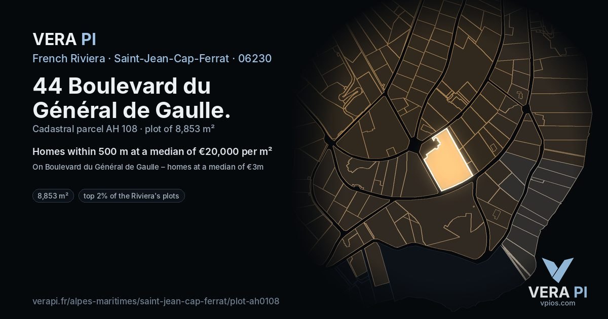 44 Boulevard du Général de Gaulle, Saint-Jean-Cap-Ferrat at night – the plot lit, the parcels around coloured by the prices near them